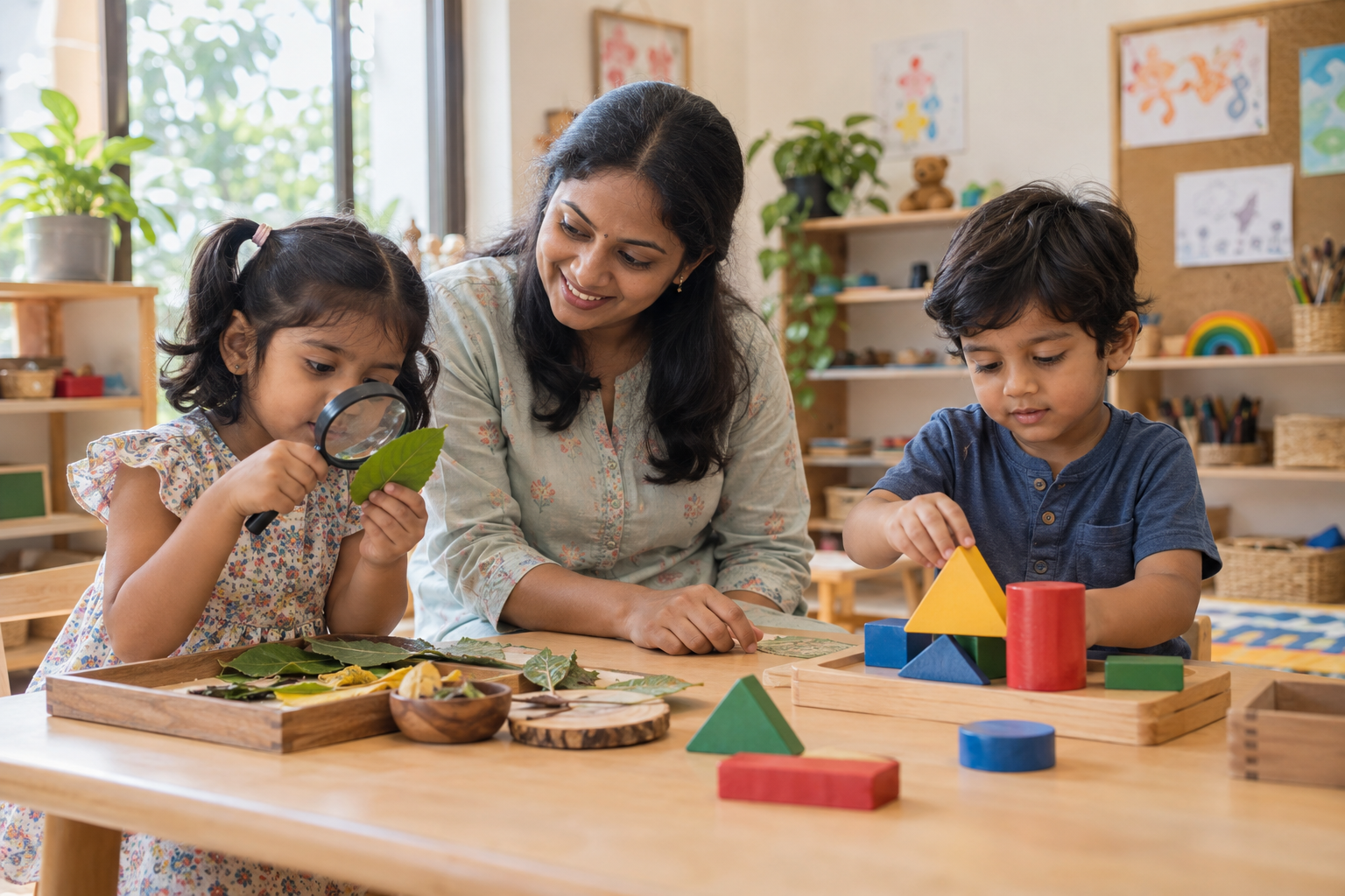 AI-generated scene of children exploring leaves and wooden shapes with an educator