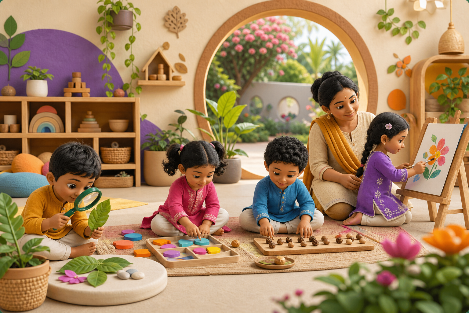 Illustration of children exploring leaves, shapes, natural objects and painting with an educator