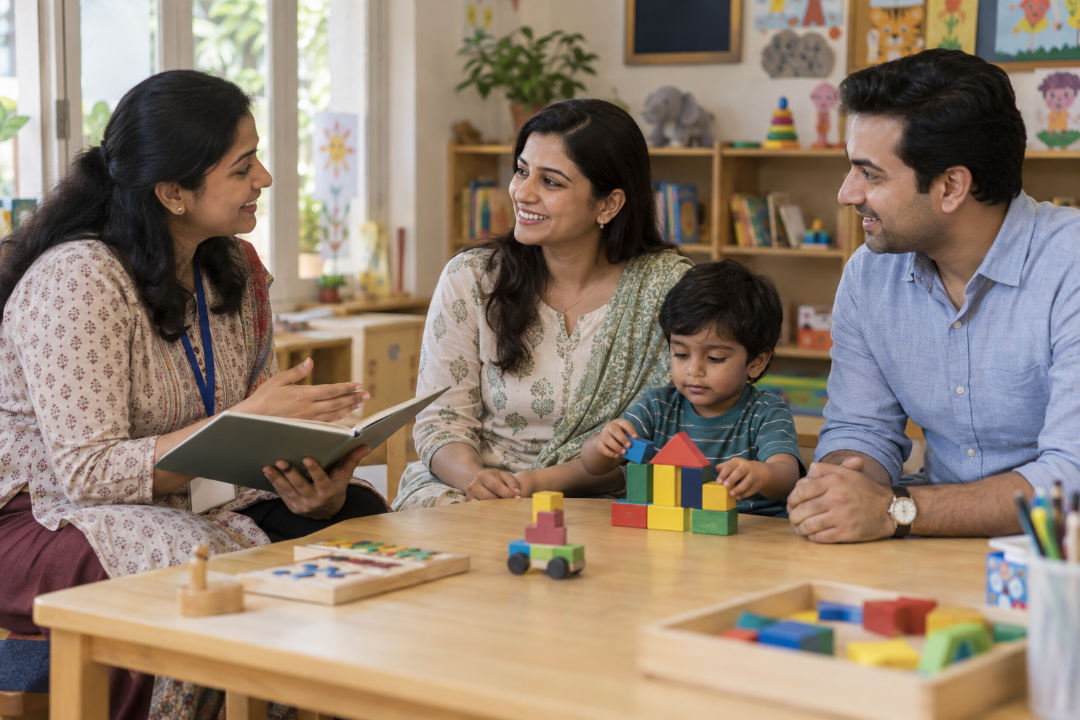 AI-generated scene of parents speaking with an educator while their child plays with blocks